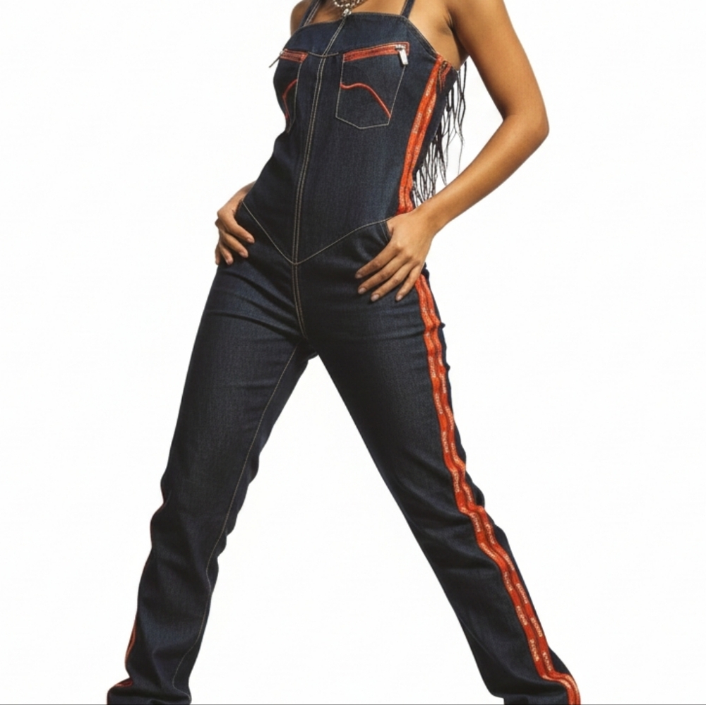 Eckored jumpsuit overalls stripes logo one piece XS womens denim